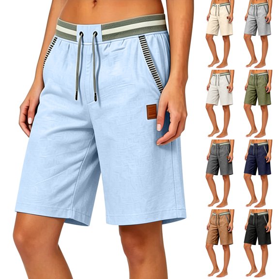 Sheghy Cotton Shorts for Women 100%Cotton Women Spring Autumn Solid Elastic Waist Cotton Linen All-Match Straight Casual Shorts Black S