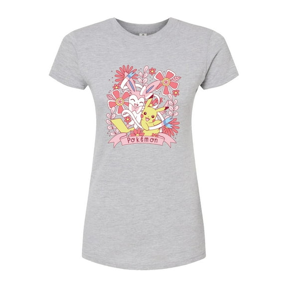 Pokémon - Valentine Florals Pikachu Sylveon - Juniors Fitted Graphic T-Shirt
