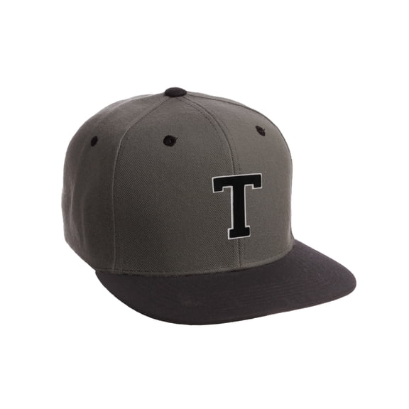 Classic Snapback Hat Custom A to Z Initial Letters, Charcoal Black Cap Wht Blk Letter Initial T