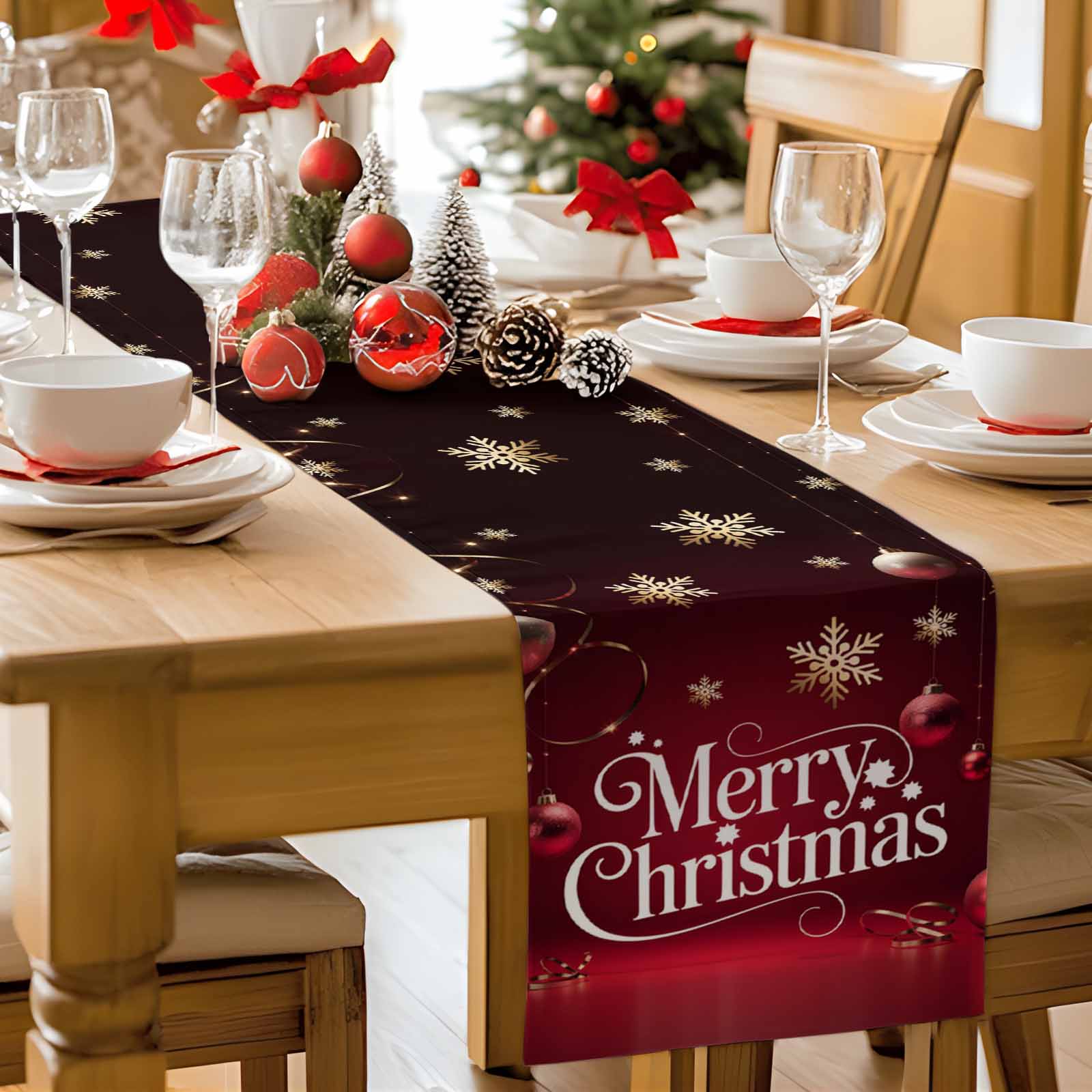Red Theme Xmas Ball Table Runner 13x90 Inch Starry Merry Christmas Gold Snowflakes Table Runners Dresser Scarves Winter Holiday Kitchen Dining Table Decoration for Home Party Indoor