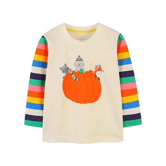 Odeerbi Infant Boys Girls Long Sleeve T-Shirts Fall Winter Striped Pumpkin Printed Cotton Base Tops Fashionable Children's Pumpkin Print Round Neck Top White