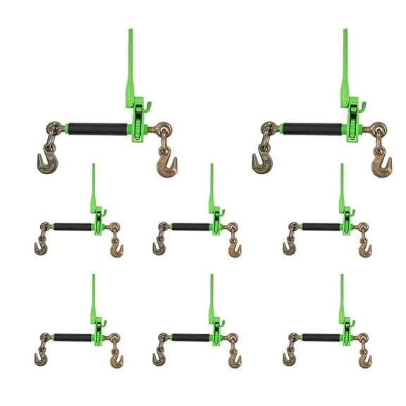 8 Pack 5/16" - 3/8" Hi-Viz Green Heavy Duty Folding Handle Ratchet Load Binder w/ Grab Hook 7,100 lbs WLL | Tie Down Hauling Chain Binders for Flatbed Truck Trailer