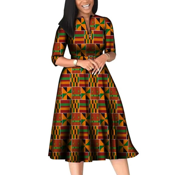 BintaRealWax African Dresses for Women Elegant V Neck Office Midi Dresses with Belt Riche Cotton Big Hem Midi Dress Africa Print Clothing batik flower cloth