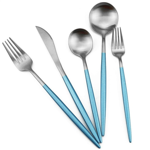 Gugrida Couverts de Luxe, Royal 20 Pcs Manche Bleu Mat 18/10 en Acier Inoxydable pour 4 Incluant Fourchettes Cuillères Couteaux, Ensemble d'Ustensiles de Voyage pour Camping (Bleu Argent)