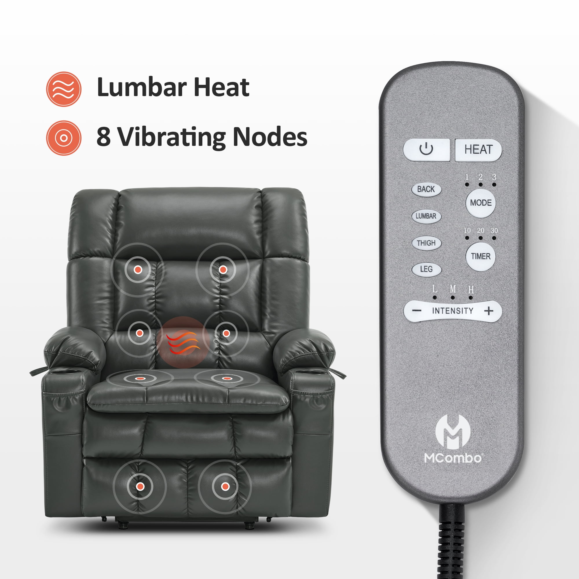 MCombo Large Dual Motor Power Lift Recliner Chair Sofa with Massage and Heat for Big Elderly People, Infinite Position, USB Ports, Faux Leather R7891 (Grey, Large-Wide)