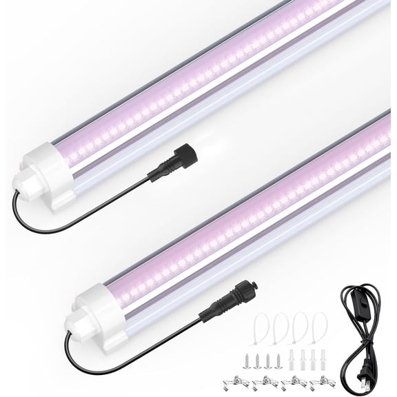 JESLED 2FT 24W Waterproof Grow Lights for Indoor Plants, Pinkish White Full Spectrum LED, Linkable Strip with Switch, 2-Pack