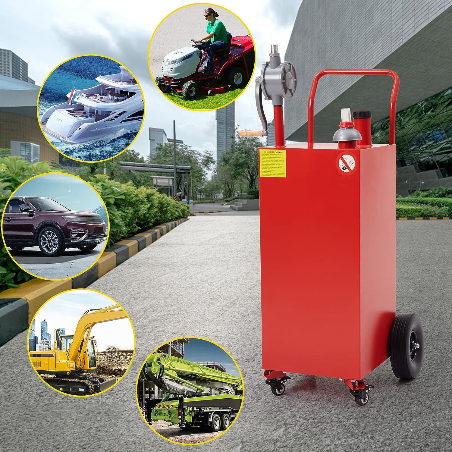 EastVita 40 Gallon Gas Caddy with Pump Gasoline Tank Fuel Storage Tank Portable with 2 Wheels for Boat, Car,Garden, Lawnmower, ATV (Red)