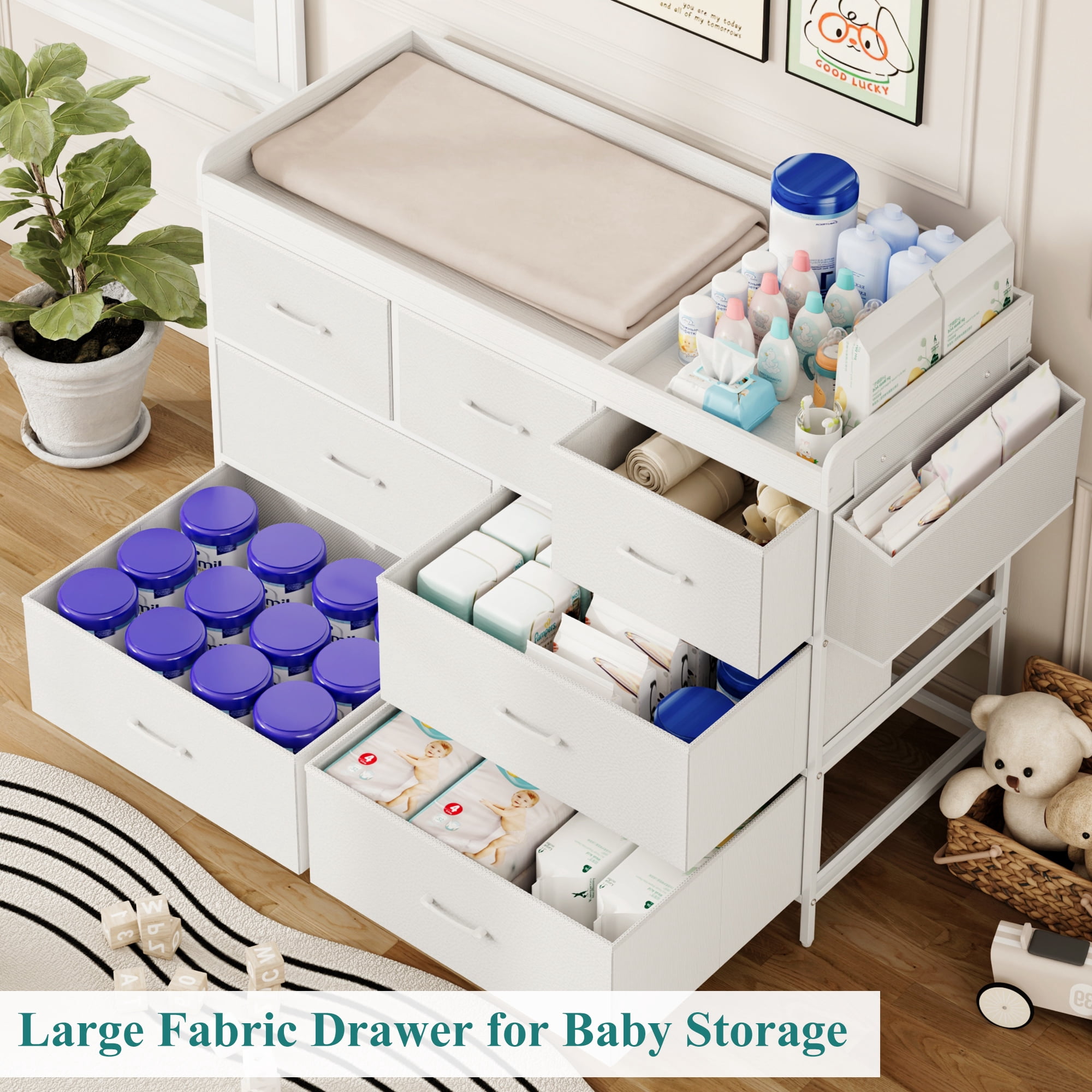 ANPOO Changing Table Dresser with Storage, Baby Dresser with Changing Table Top, Waterproof Diaper Changing Station with 7 Fabric Drawers for Nursery Modern, White