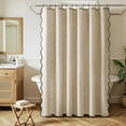 thumbnail image 2 of Cortina de ducha de lino festoneada con 12 ganchos de metal, estilo bohemio granja, bonita, resistente, lavable, impermeable, de tela gruesa con borde negro para baño, hotel, bañera, 2 of 4