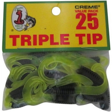 Creme Lure Triple Tip Tail Grub Black & Chartreuse Fishing Lures for All Fish Species, 25-Count
