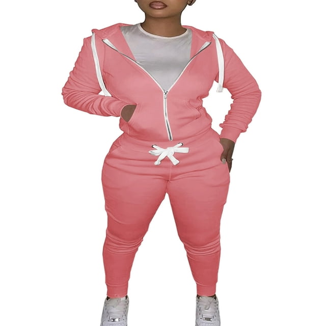 Women Hooded Tops Trousers Pocket Drawstring Elastic Waist Set