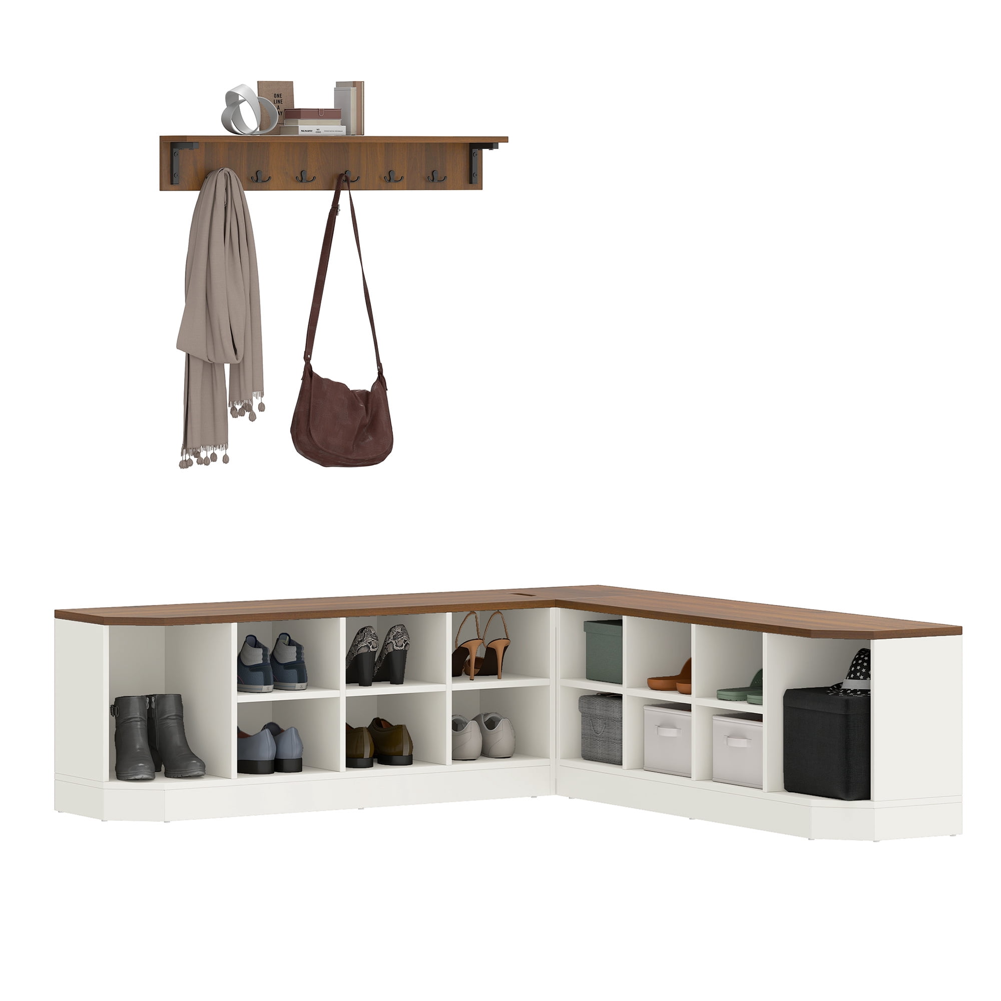 Dextrus Corner Shoe Cabinet with Bench & Hooks, L Shape Shoe Cube with Coat Rack & Hidden Storage, Entryway Shoe Rack, White