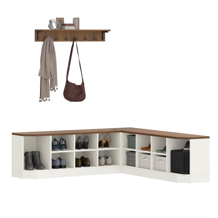 Dextrus Corner Shoe Cabinet with Bench & Hooks, L Shape Shoe Cube