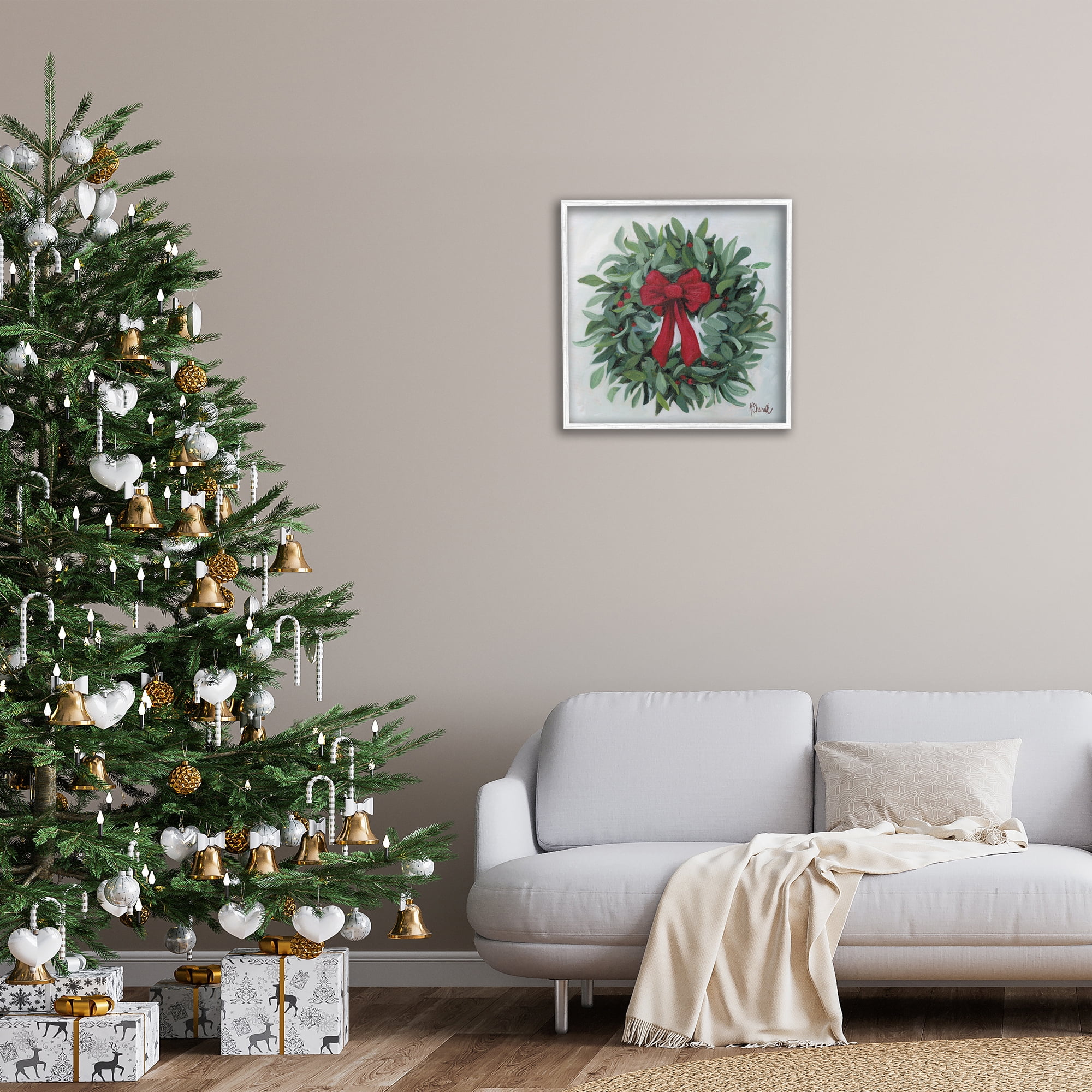 Stupell Industries Wreath with Red Bow Holiday Painting White Framed Art Prints Wall Art, 24 x 24