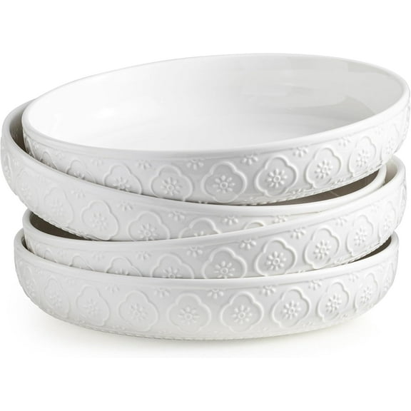 9.75" Pasta Bowls Set of 4, 50 OZ Large Salad Serving Bowls, Ceramic Pasta Plate Bowls, White Soup Bowl, Microwavable Dinner Bowls for Kitchen, Embossed Sunflower