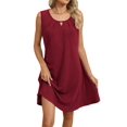 thumbnail image 3 of Women'S Summer Solid Color Round Neck Hollow Pleated Sleeveless Dress with Pockets Wine Red M, 3 of 9