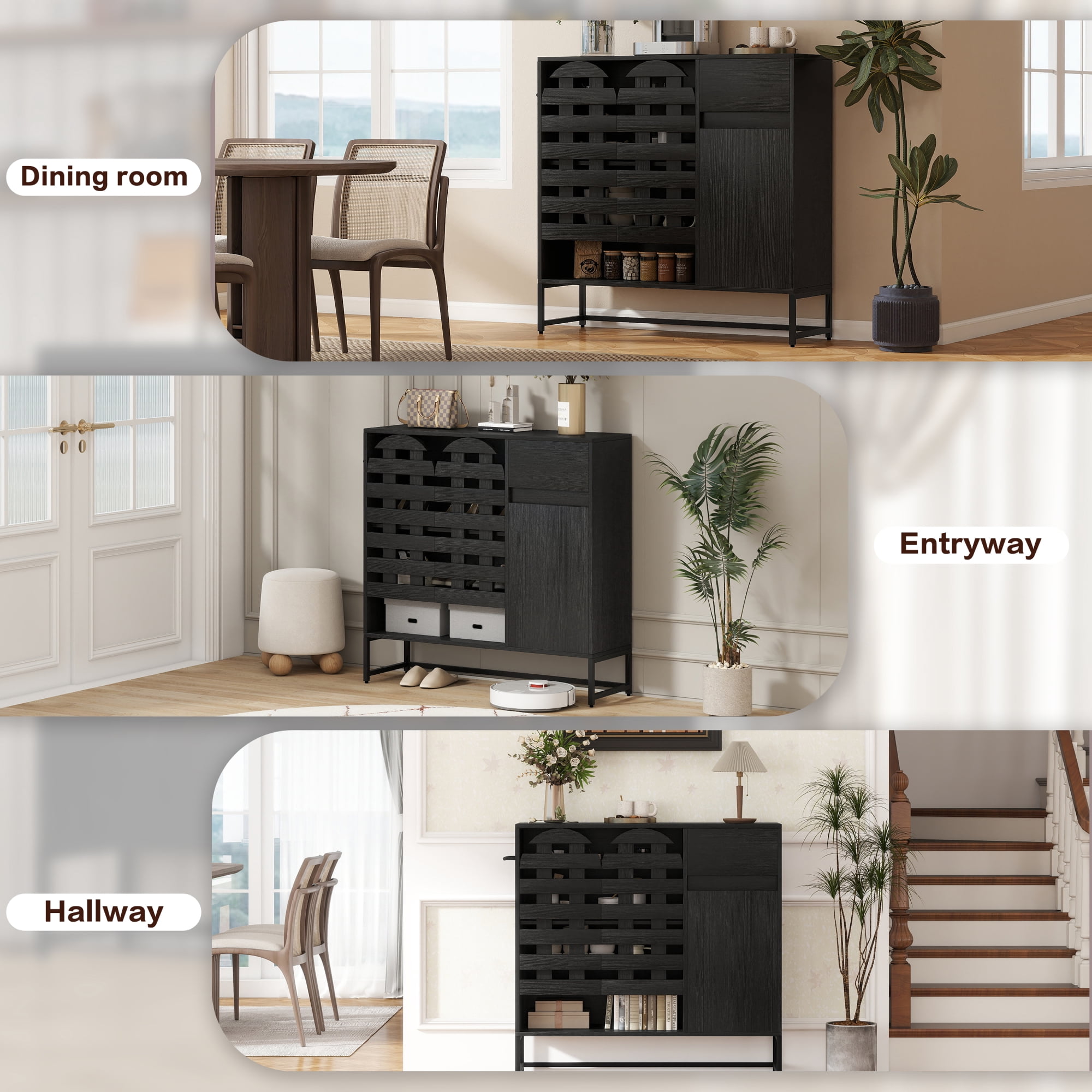 Leumius 44.3"Farmhouse Sideboard Cabinet with Storage,Coffee Bar Console Table With Storage,Rustic Storage Cabinet with Arched Lattice Doors and Drawer for Living Room Kitchen Entryway Black