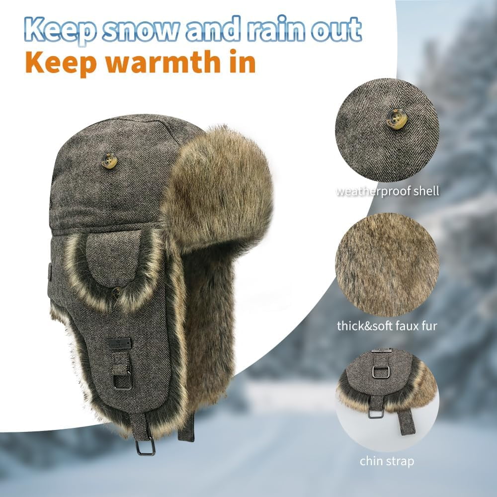 Fur Winter Trapper Hat,Wool Faux Fur Aviator Ski Trapper Trooper Pilot Snow Eskimo Hat with Ear Flaps for Men & Women