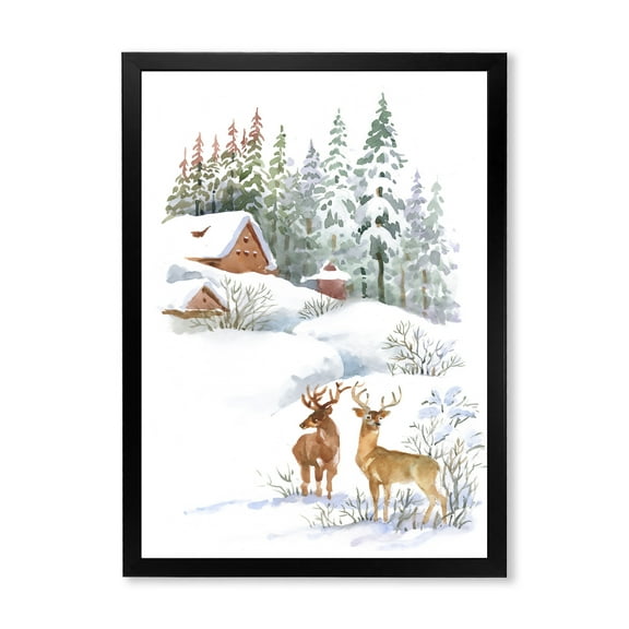 Designart 'Two Deers With Winter Cottage' Farmhouse Framed Art Print