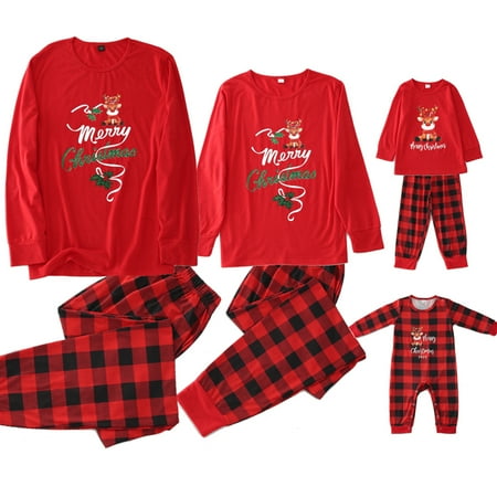 

FOCUSNORM Cute Family Parent-Child Cartoon Christmas Print Tops and Plaid Trousers