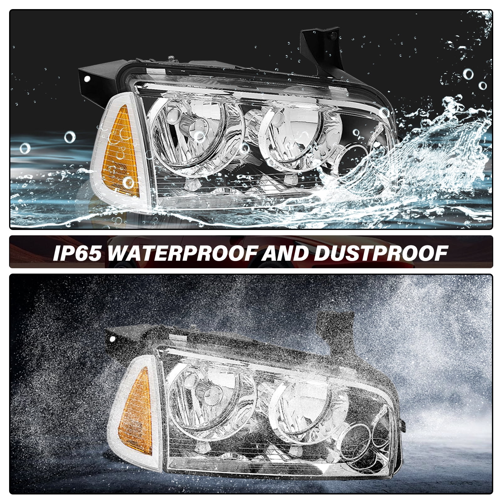 For 2006-2010 Dodge Charger Chrome Headlights Amber Corner Headlamps Set of 2PC