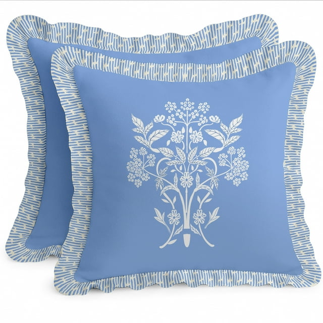 Set of 2 Vargottam Cotton Twill Pillow Covers - Floral Pattern, 18x18 Frill Cushion Covers with Hidden Zipper, Reversible Print, Rustic Farmhouse Decor