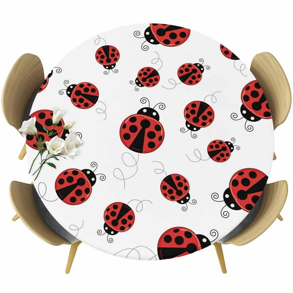 Cartoon Ladybug Round Tablecloth 36-44 Inch Round Fitted Table Cloth with Elastic Edge, Funny Animals Dot Modern Simple Waterproof Table Cover Protector for Outdoor Picnic Party Dining