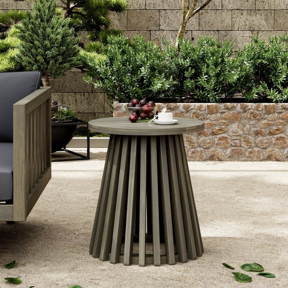 Outdoor Acacia Wood Round Side Table, Grey Finish for Patio, Backyard & Balcony