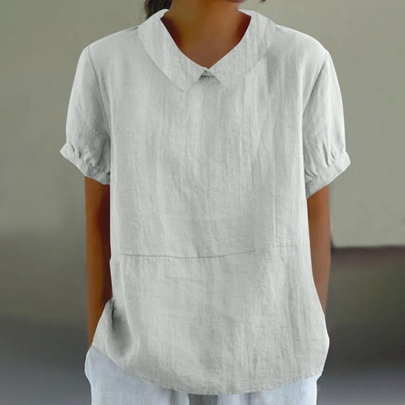 LMKIHUSA Women Summer Cotton Linen Tops Casual Short Sleeve Solid Color Shirts Crewneck Collared Dressy 2025 Blouses Basic Daily Soft Comfy Tunic Tees Gray,XL