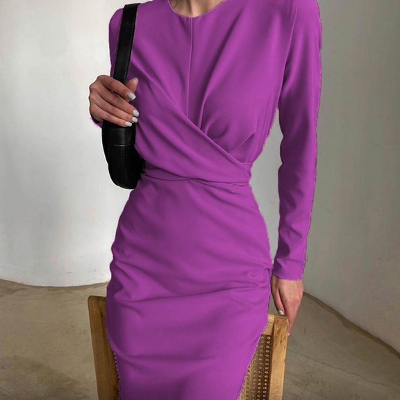 Women's Bodycon Dress, French Retro Style Long Sleeve Maxi Dress, Slim Fit Round Neck Polyester Dress for Casual, Party, Date