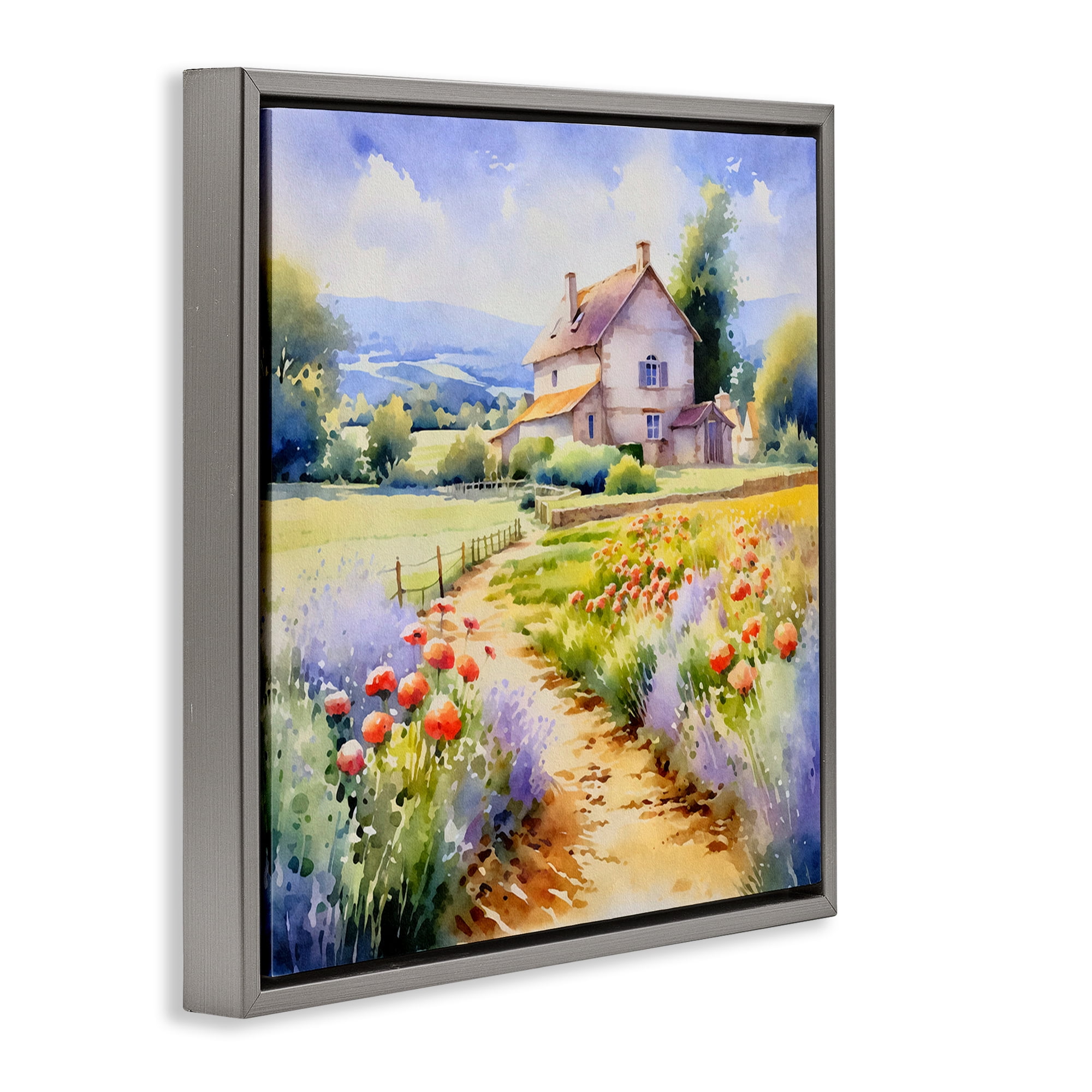 Stupell Industries Provence Cottage Gardens Landscape & Nature Painting Gray Floater Framed Canvas Art Print Wall Art, 25 x 25