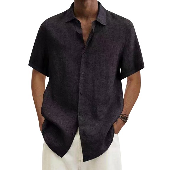 Gaukiv Men's Shirts V Neckline Short Sleeve Linen Tops Summer Casual Blouses Black 3XL