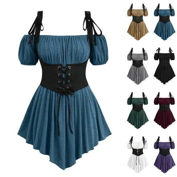 TKLPEHG Gothic Shirts for Women Short Sleeve Steampunk Corset Medieval Off The Shoulder Puff Sleeve Blouse Lace Up Tops (Black,L)