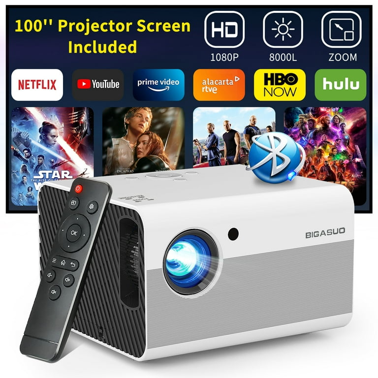 BIGASUO Native 1080P Bluetooth Projector,Portable Mini Home Video Projector with HiFi Stereo, Compatible with TV Stick, HDMI, USB（includes 100" Screen） -