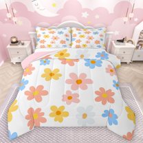 Castle Fairy Groovy Flowers Full Size Comforter Sets 3-Piece for Kids Teens,Chic Floral Blossoms Bedding Comforter Set,Spring Garden Lightweight Bedding Sets,Lightweight Room Decor,Reversible