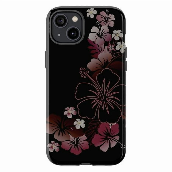 Elegant Black Phone Case with Dark Pink and Purple Hibiscus Floral Pattern, Slim Protective Cover for iPhone 16 15 14 13 12 Pro Max Mini