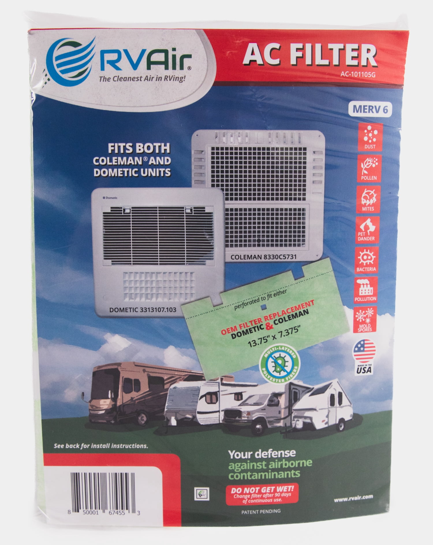 (2 pack) RV Air AC-101/105G Combo Air Conditioner Filter Replacement, Size 10.25" x 8", Polyester, Green, Merv 6 Rating