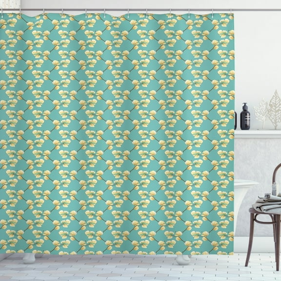 Magnolia Shower Curtain, Sprouting Flower Twigs forming Chevron Zig Zag Pattern, Fabric Bathroom Set with Hooks, 69W X 70L Inches, Pale Sea Green Yellow and Dark Taupe, by Ambesonne