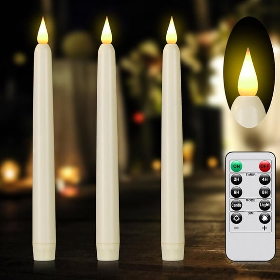 Flameless Taper Candles with Remote Control and Timer, Battery Operated LED Candlesticks with Flickering 3D Flame, 9.6×0.8 Inches Plastic Fake Candles for Christmas, Wedding and Home Decor (Ivory, 3)