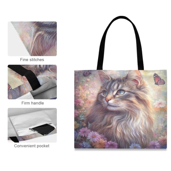 Canvas Tote Bag for Women Girls Design Print Cat in Flower Field Tote