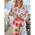 thumbnail image 6 of Women'S Short Sleeve Button Down Shirt Printed Tops Lounge Shorts Summer Beach Tracksuit 2 Pcs Set Checkered Flower L, 6 of 8