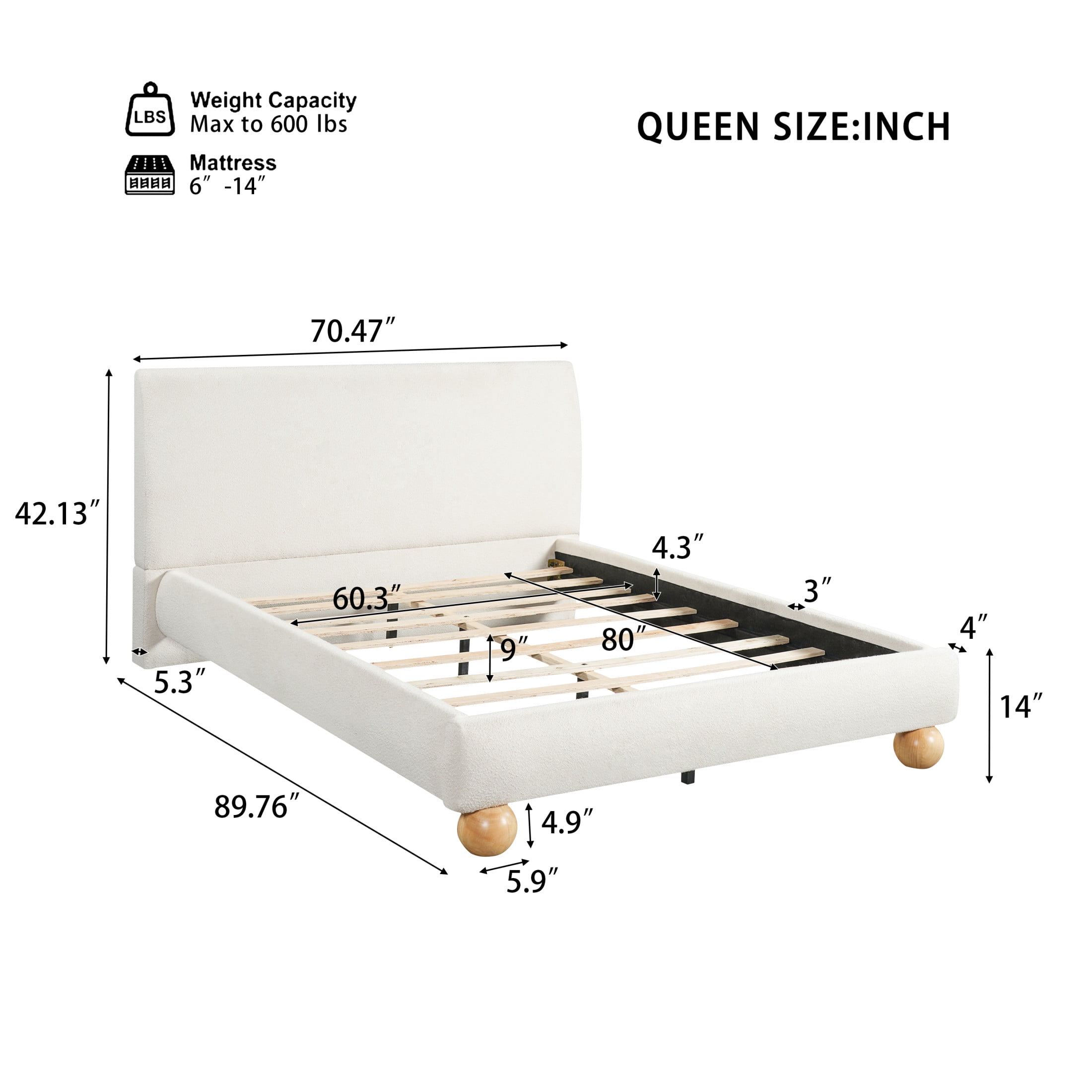 Christopher Knight Home Queen Boucle Upholstered Bed Frame with Thick Headboard, Off White