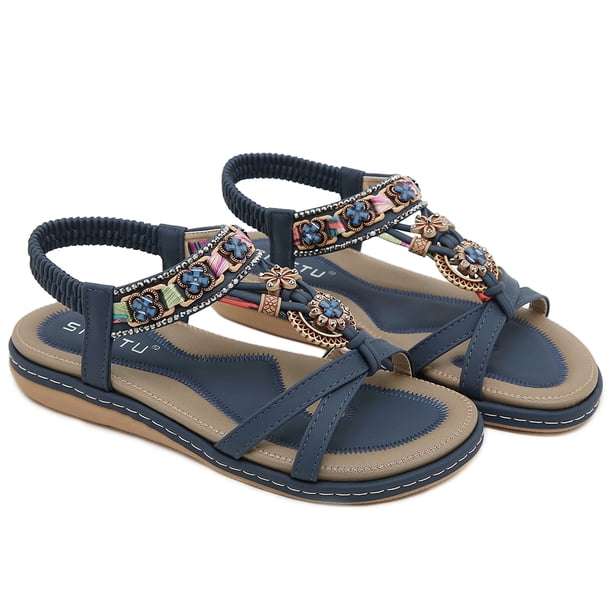 Sandalias planas bohemias Zapatos para caminar con flores de diamantes de imitación Zapatos de verano para mujer