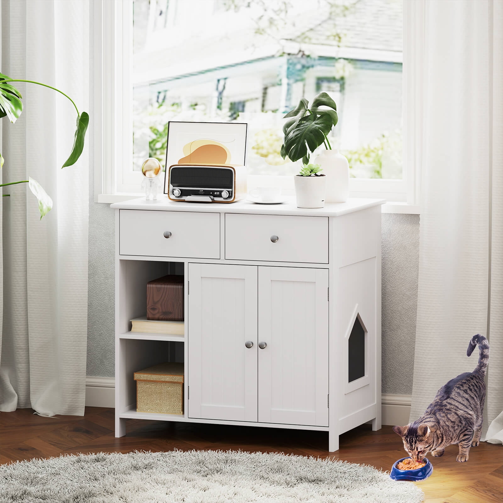 Costway Cat Litter Box Enclosure with 2 Drawers Double Doors Open Shelves Modern Indoor