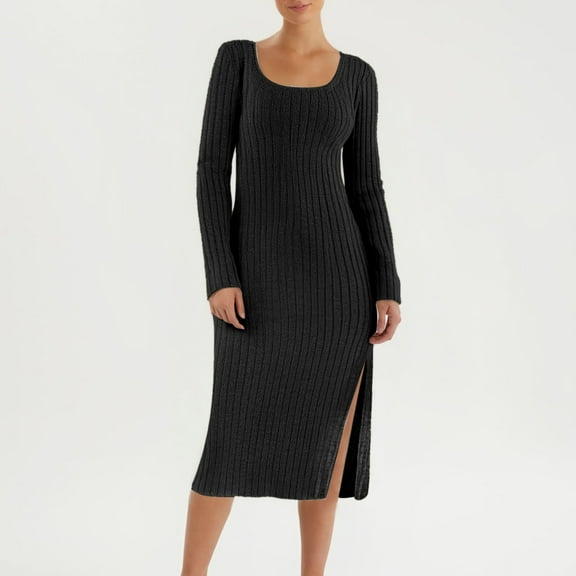 Women's Casual Long Sleeve Square Neck Midi Dress Knit Side Slit Long Ribbed Dresses Tunic Dress for Women Daytime Dresses for Women Casual Swing Dresses for Women Knee Length Loose Dress Party Gowns