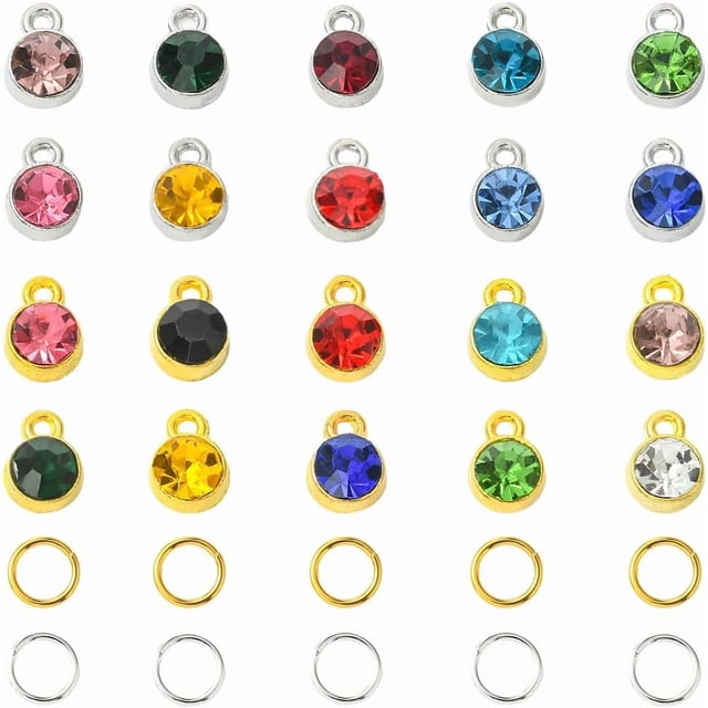 1 caja de 80 dijes de cristal con piedra natal de 20 colores, dijes de diamantes de imitación con anillos de salto, colgantes de gemas redondas planas de aleación con base de oro y plata