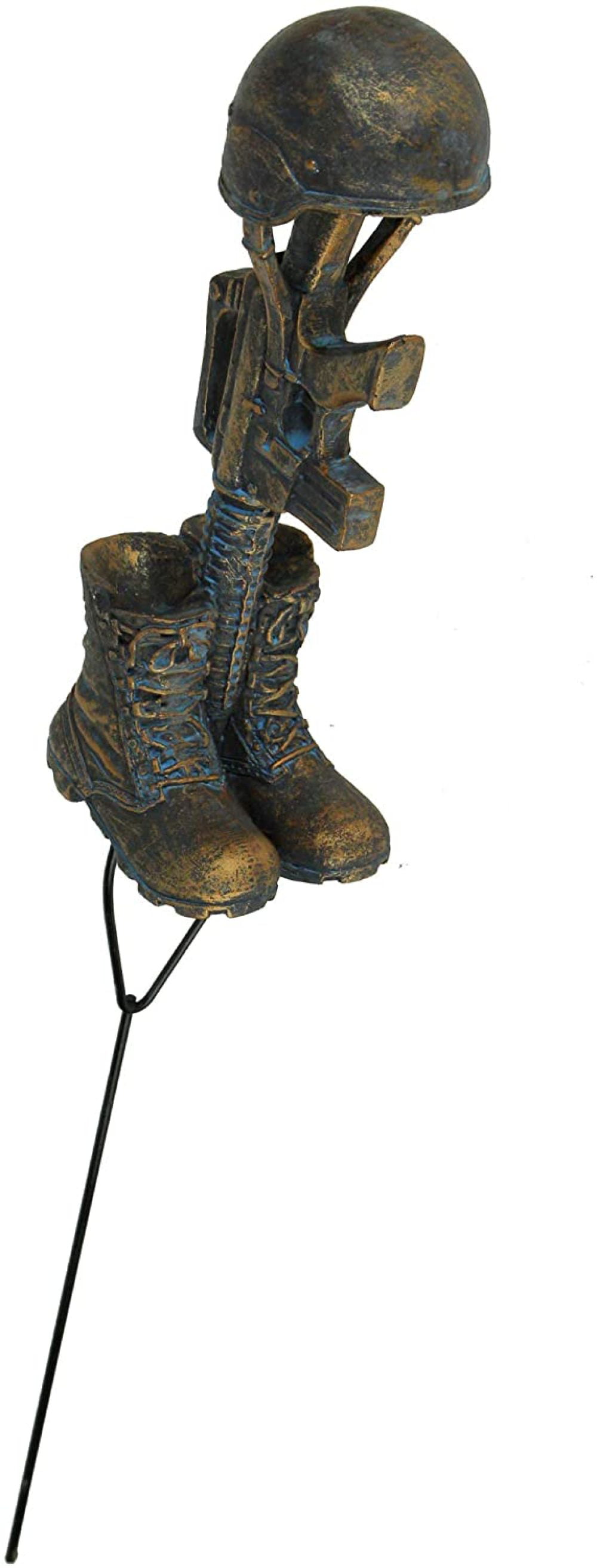 Antique Bronze Finish Battle Cross Fallen Soldier Helmet Boots and Rifle Statue 