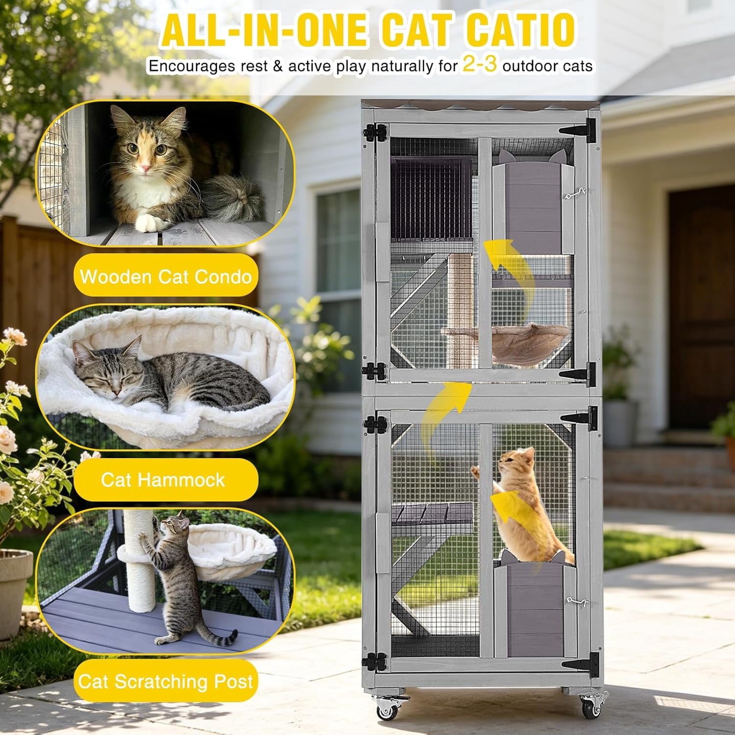 Aivituvin Catio Outdoor Cat Enclosure with Wheels, Outdoor Cat House with Weatherproof Roof, 3 Platforms, Large Window Catio Portable Cat Cage Indoor for 2-3 Cats, 23.4" D x 24.5" W x 62.8" H - Grey