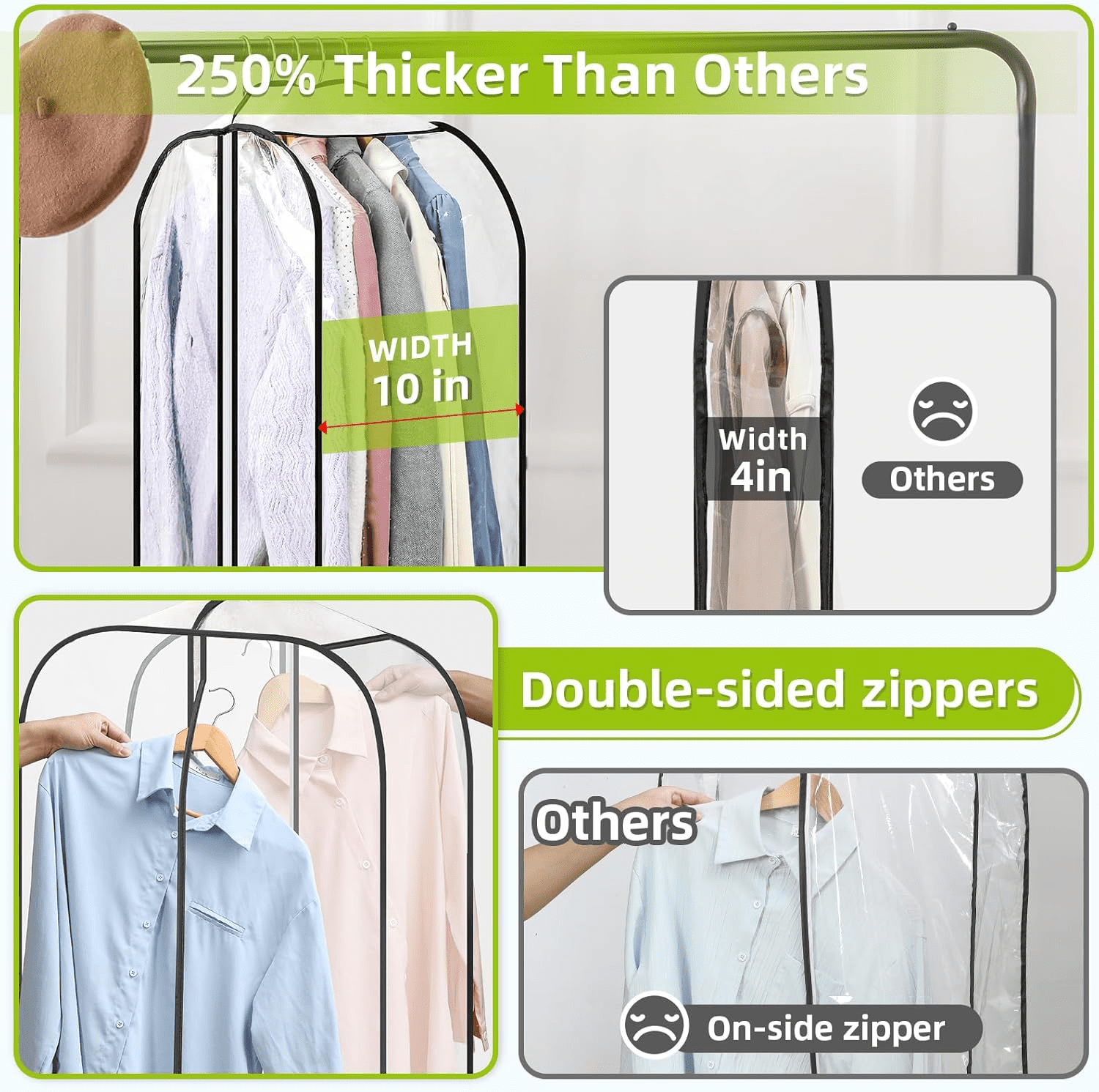 6 Pack Clear Hanging Garment Bags, 40 Inch Dust-Proof Garment Covers With Full Zipper, Transparent Clothes Storage Organizer For Suits, Dresses, Shirts, Closet & Travel