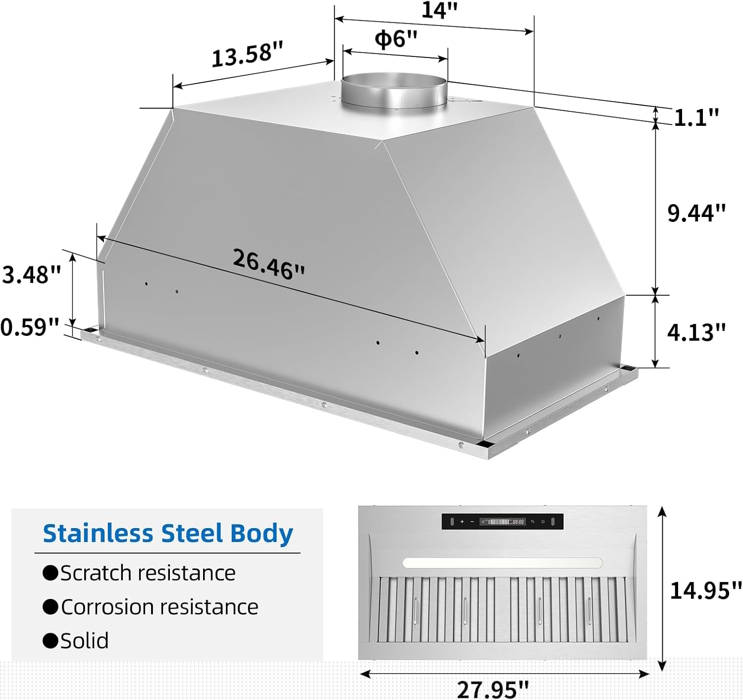 30-inch 900CFM Range Hood Insert - Stainless Steel Kitchen Exhaust Vent with Gesture/Touch Control, LED Light, Convertible Duct/Ductless (110V)‌